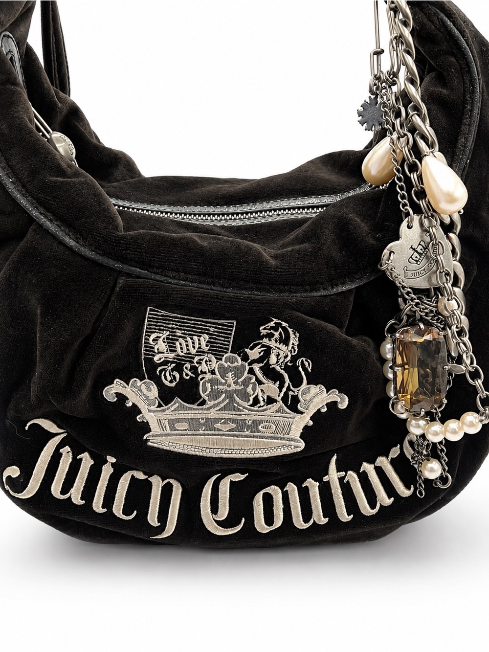 Vintage Juicy Couture Black Velour Love G&P Slouchy Hobo Bag Y2K McBling Rare - Picture 2 of 15